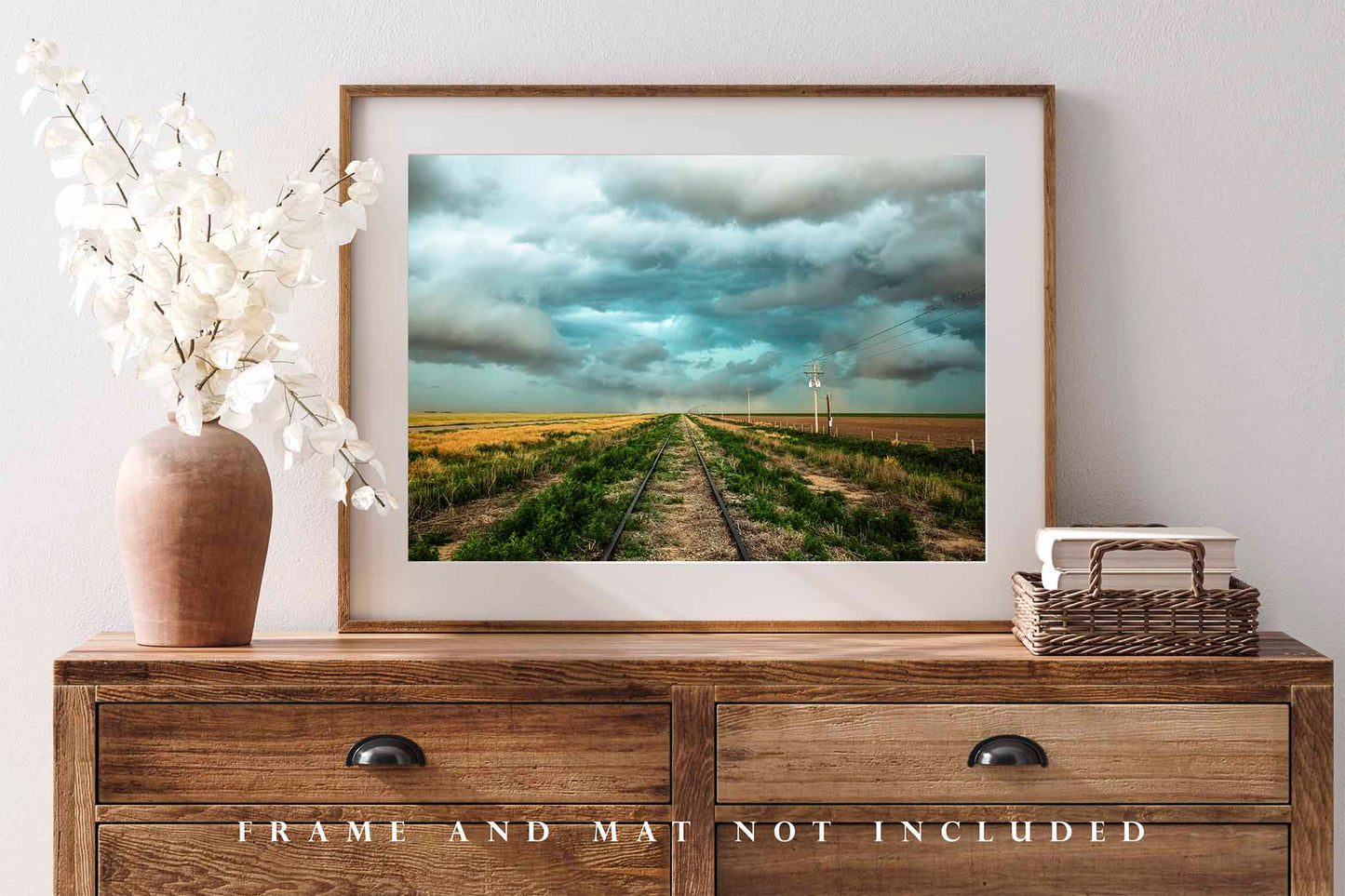 Train Tracks Leading to Stormy Sky in Colorado Photo Print (Unframed) | Thunderstorm Wall Art Railroad Decor