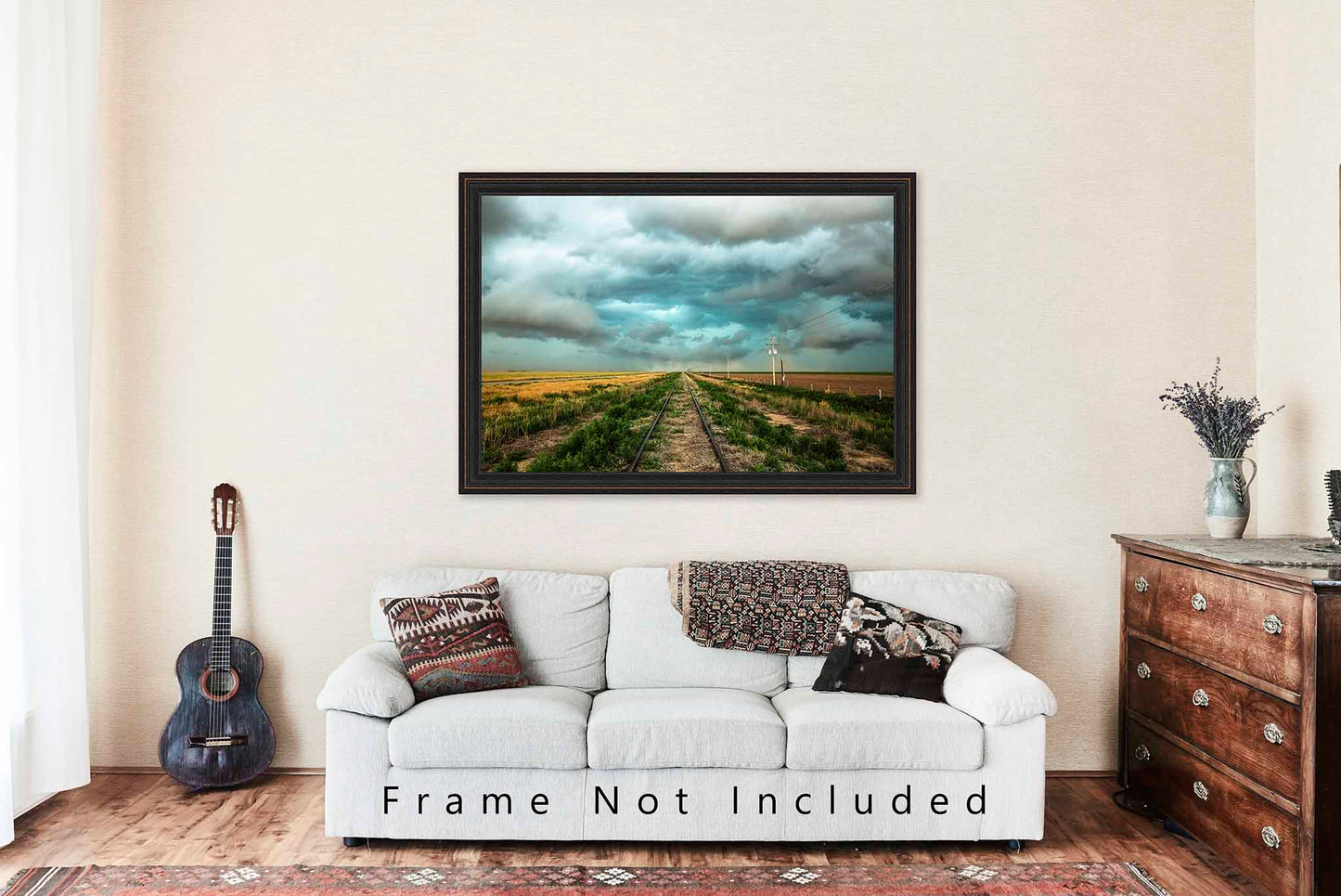 Train Tracks Leading to Stormy Sky in Colorado Photo Print (Unframed) | Thunderstorm Wall Art Railroad Decor