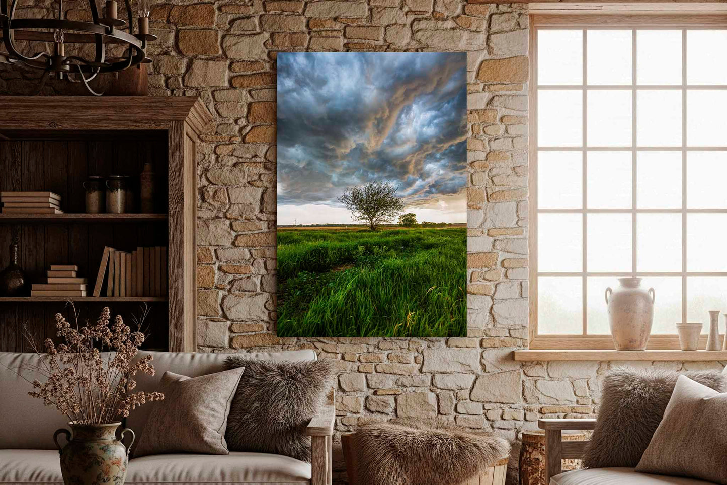 Storm Canvas Wall Art | Vertical Kansas Stormy Sky Lone Tree Prairie Thunderstorm Weather Photography Decor