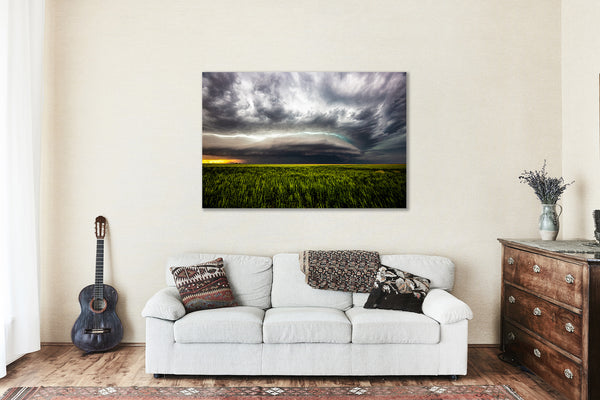 Canvas Wall Art - Gallery Wrap of Supercell Thunderstorm Over Wheat Field on Spring Day in Kansas Thunderstorm Photography Nature Decor