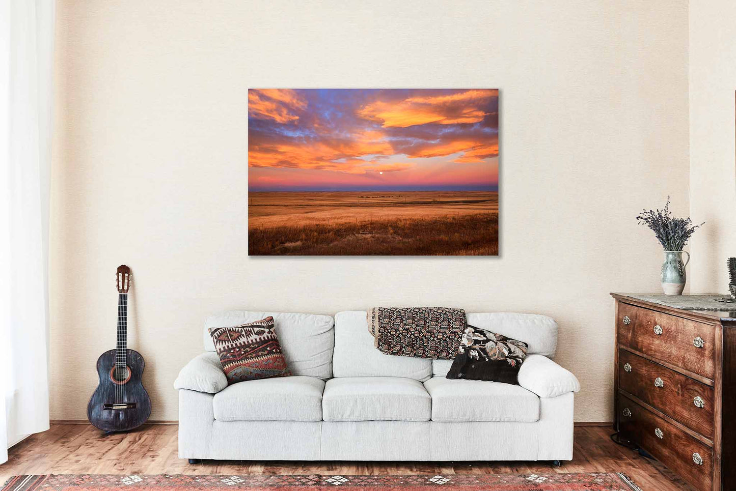 Great Plains Metal Print | Clouds Over Full Moon Photography | Prairie Sunrise Wall Art | Colorado Landscape Photo | Western Decor | Ready to Hang