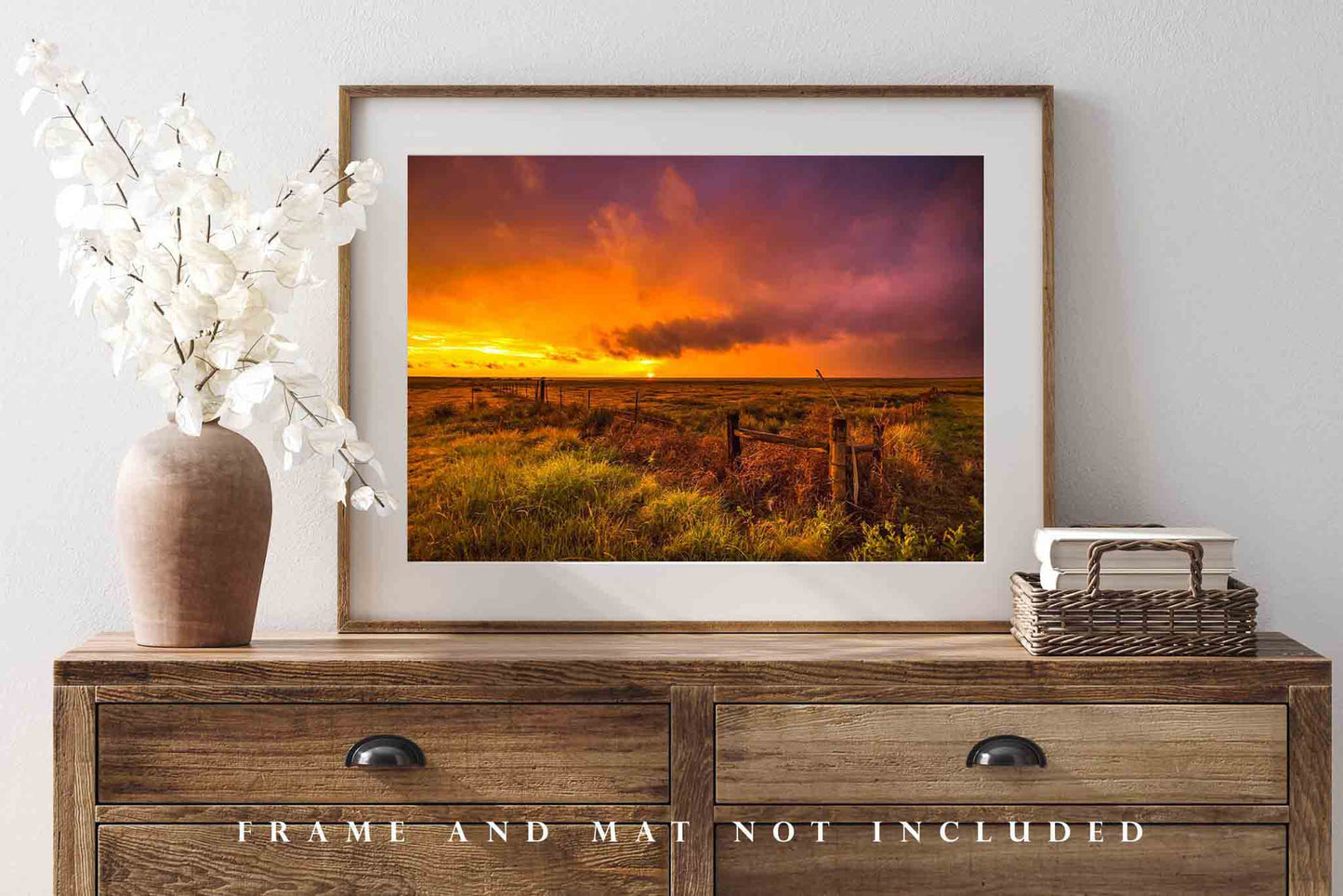 Plains Photography Print - Wall Art Picture of Scenic Sunset Over Fence Row on Stormy Day in Oklahoma Panhandle Rustic Western Sky Decor
