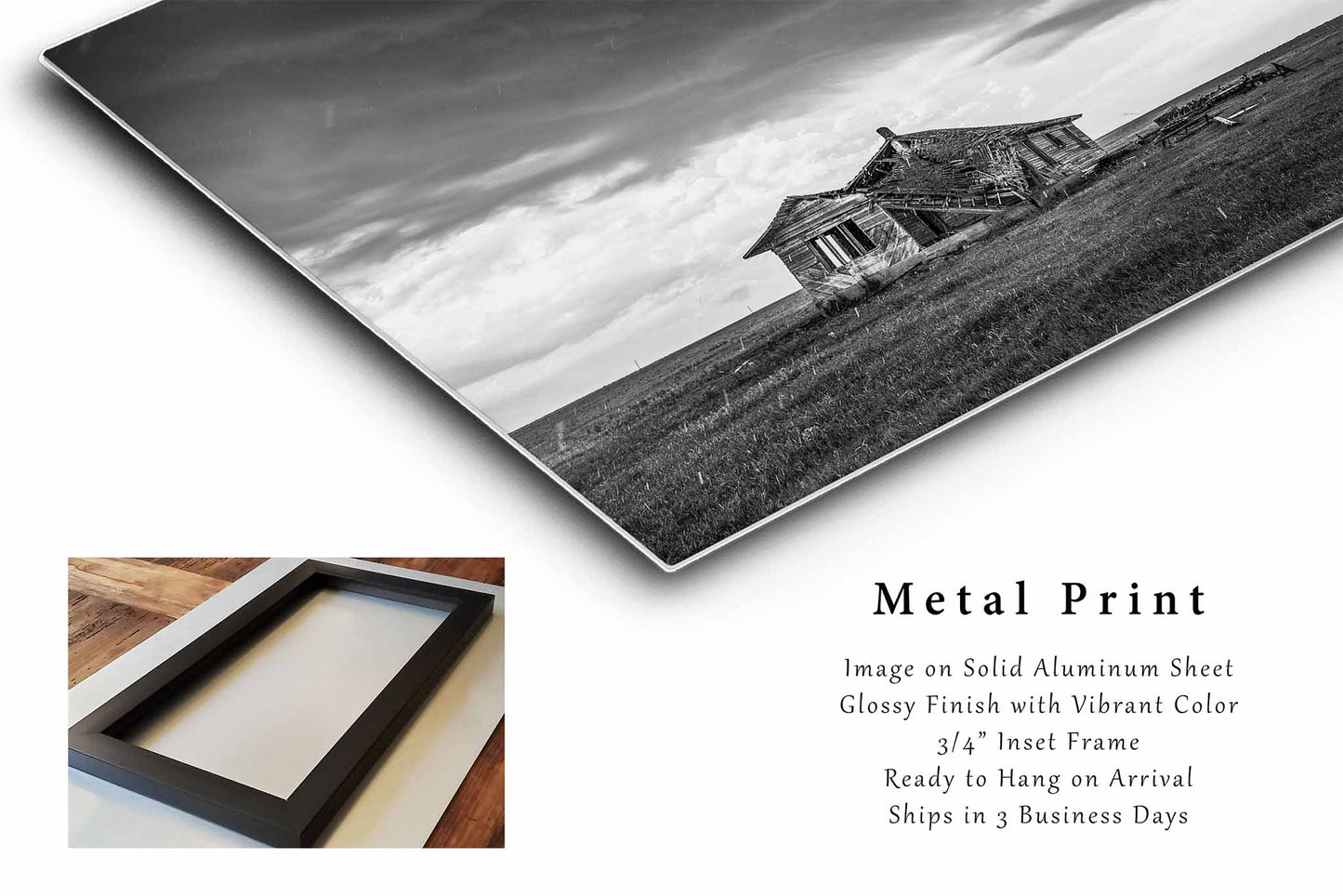 Abandoned Metal Print | Old Homestead Photography | Black and White Wall Art | Oklahoma Storm Photo | Western Prairie Decor | Ready to Hang
