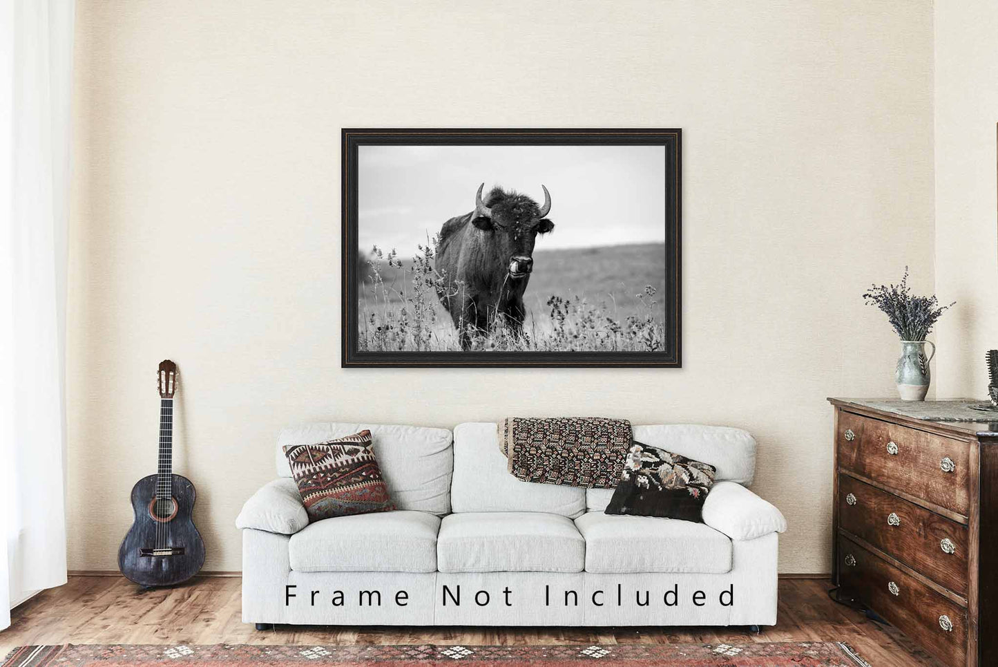 Buffalo Wall Art Photography Print - Black and White Picture of a Bison on the Tallgrass Prairie in Oklahoma - Unframed Animal Artwork Decor