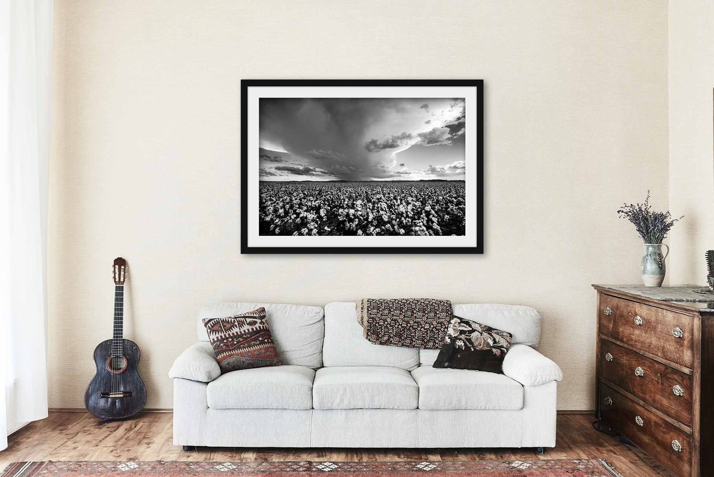 Cotton Field Framed and Matted Print | Black and White Photo | Storm Decor | Oklahoma Photography | Farmhouse Wall Art | Ready to Hang