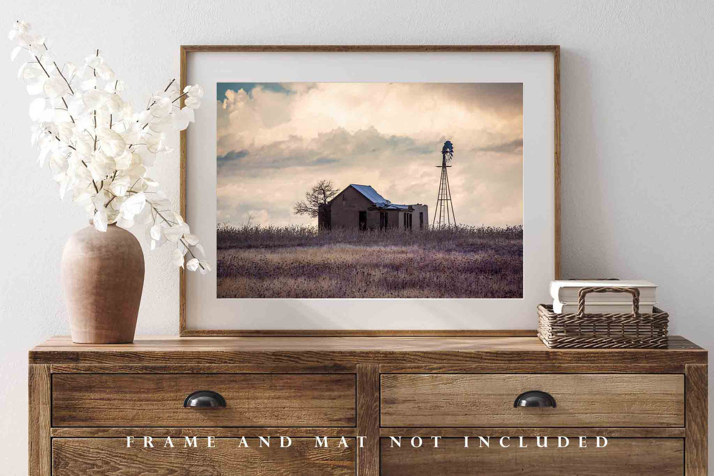 Country Photography Print - Picture of Old Abandoned House and Windmill on Oklahoma Prairie Farmhouse Home Decor Wall Art Photo Artwork