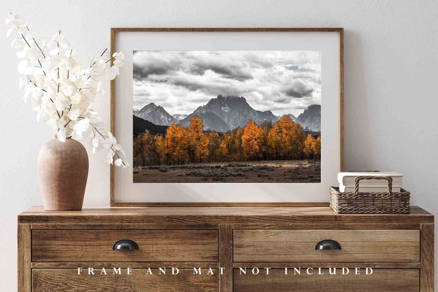 Grand Teton Photography Print - Modern Style Picture of Mt Moran in Black and White with Fall Colors in Aspen Trees in Western Wyoming