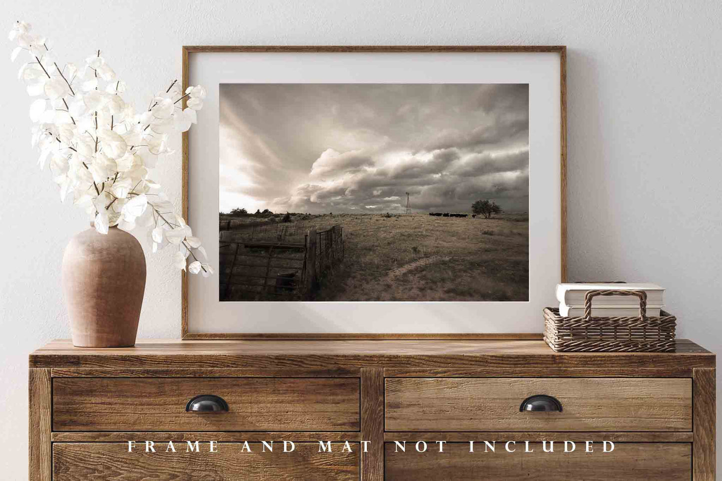 Western Photography Print - Wall Art Picture of Storm Clouds Over Country Landscape on Stormy Day in Oklahoma Windmill Cattle Pen Farm Decor