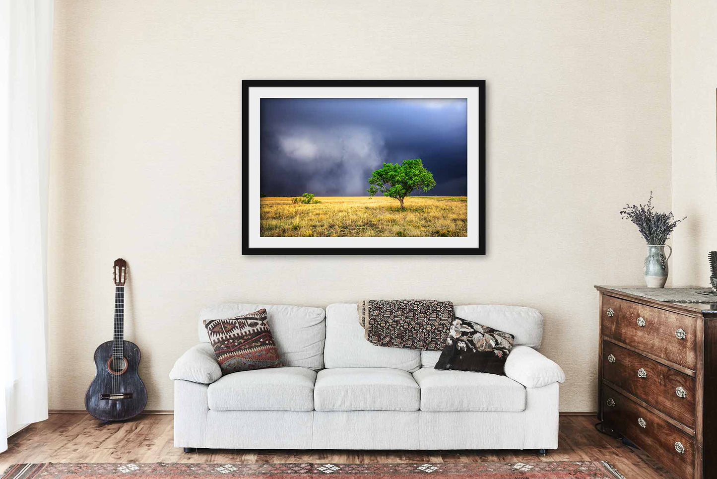 Rain Wrapped Storm Cloud and Lone Tree in Texas Framed Print | Thunderstorm Wall Art Weather Decor
