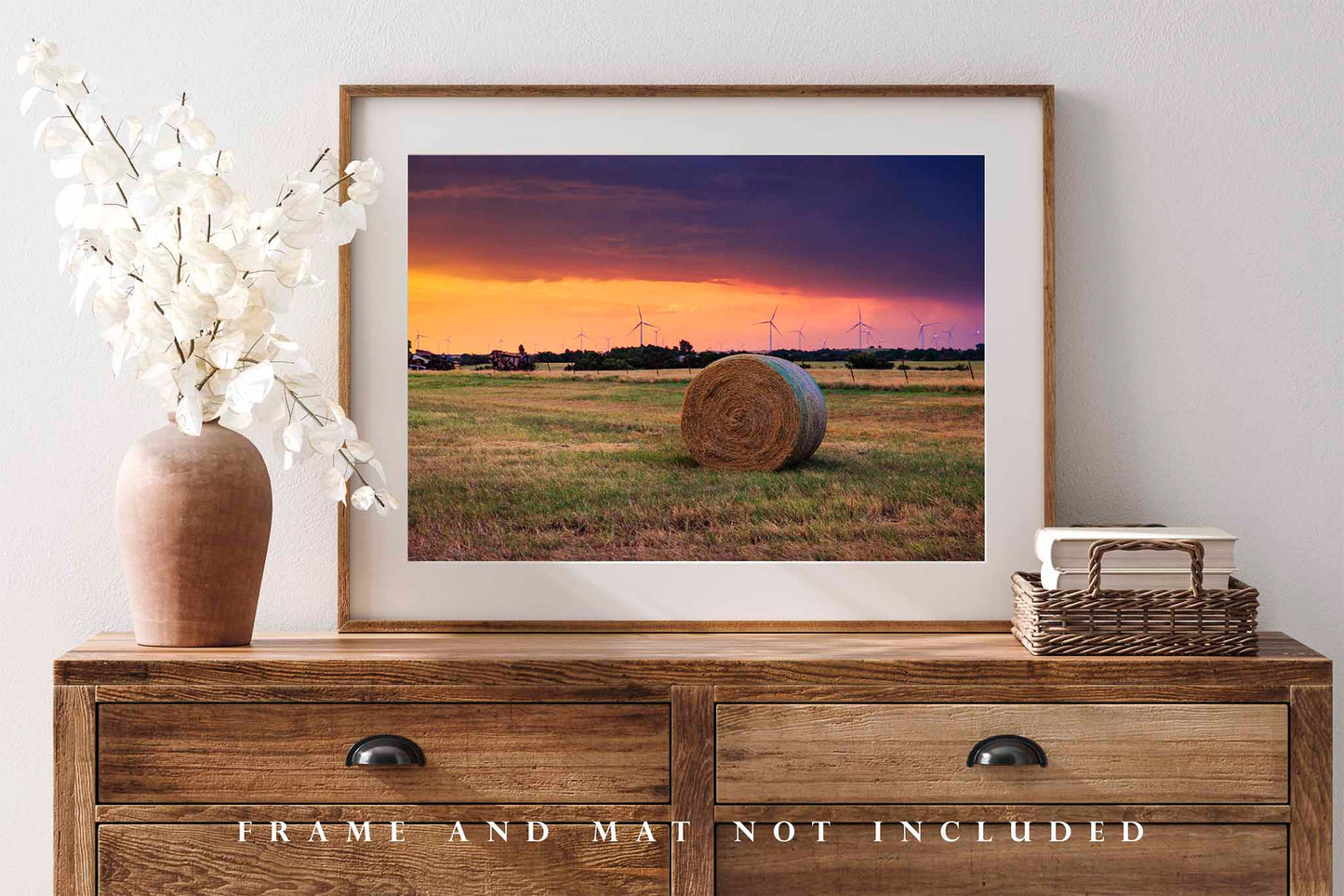 Round Hay Bale Photography Print | Farm and Country Picture | Stormy Sunset Wall Art | Oklahoma Photo | Farmhouse Decor | Not Framed