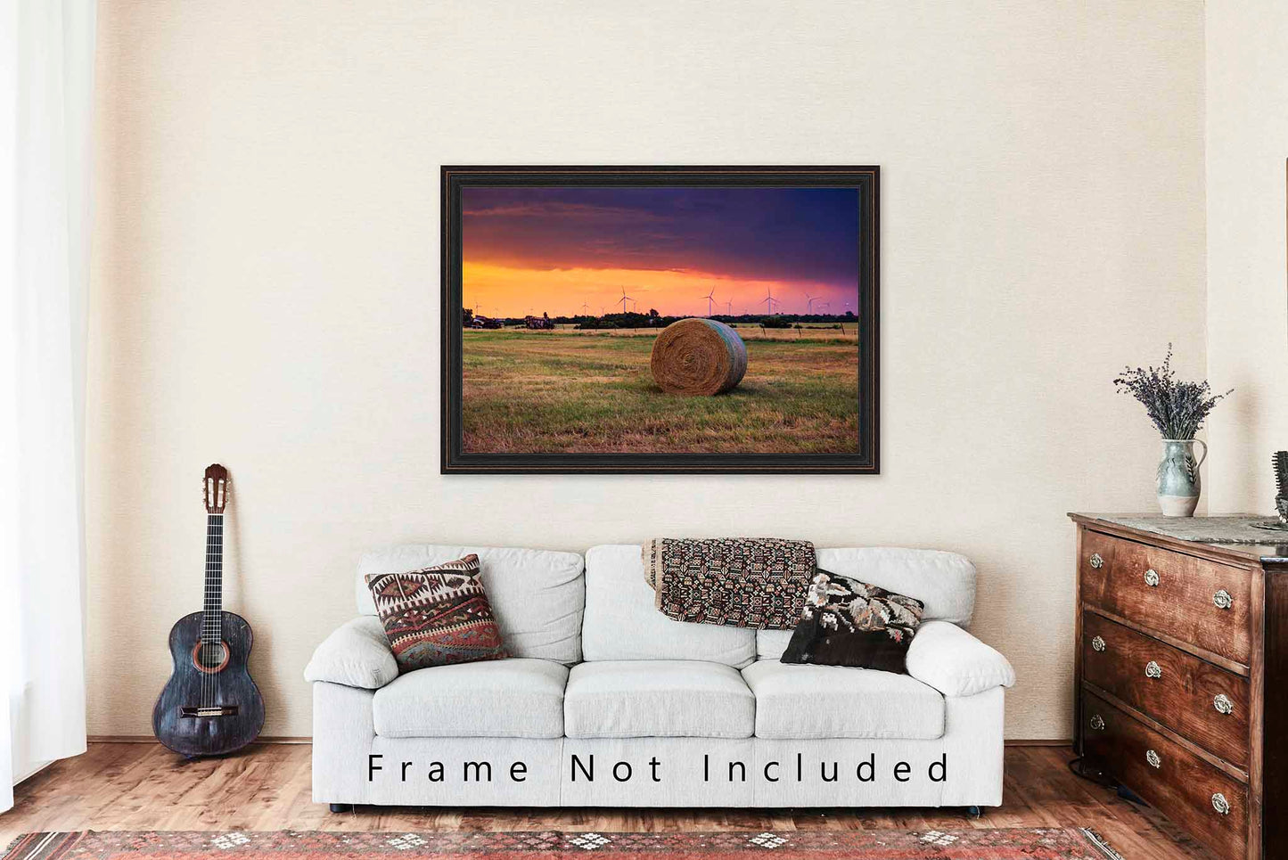 Round Hay Bale Photography Print | Farm and Country Picture | Stormy Sunset Wall Art | Oklahoma Photo | Farmhouse Decor | Not Framed