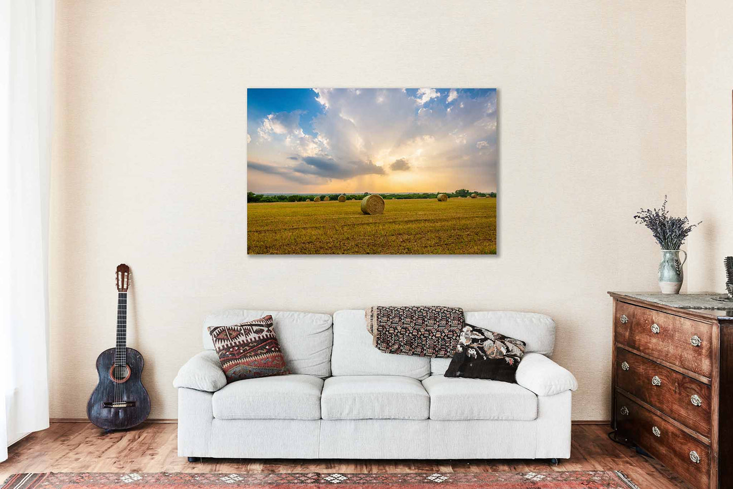 Round Hay Bale Metal Print | Stormy Sky Photography | Great Plains Wall Art | Oklahoma Landscape Photo | Country Decor | Ready to Hang