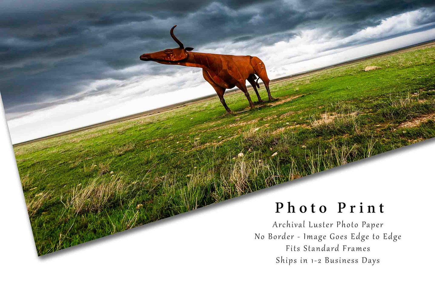 Great Plains Photography Print (Not Framed) Picture of Giant Steel Longhorn Statue Under Stormy Sky on Spring Day in Texas Cow Wall Art Western Decor