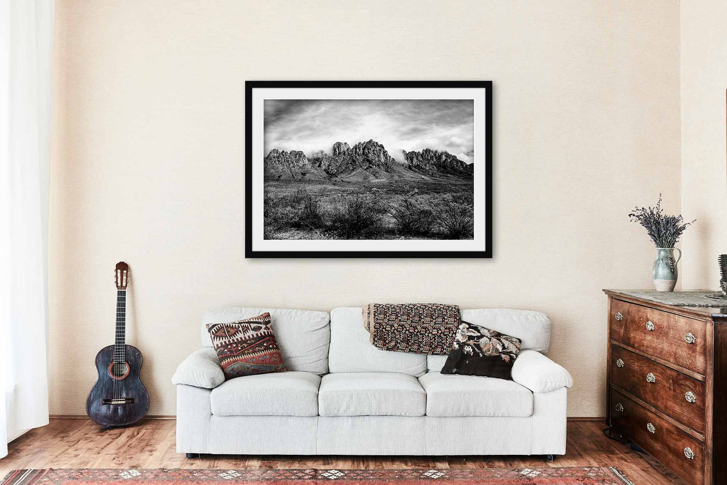 Framed Black and White Print with Optional Mat (Ready to Hang) Picture of Organ Mountains near Las Cruces New Mexico Chihuahuan Desert Wall Art Southwest Decor
