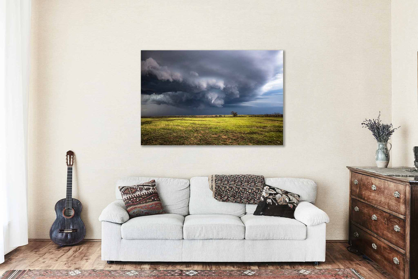 Storm Canvas Wall Art - Gallery Wrap of Thunderstorm Producing Funnel Cloud Over Field in Oklahoma Tornado Photography Weather Decor