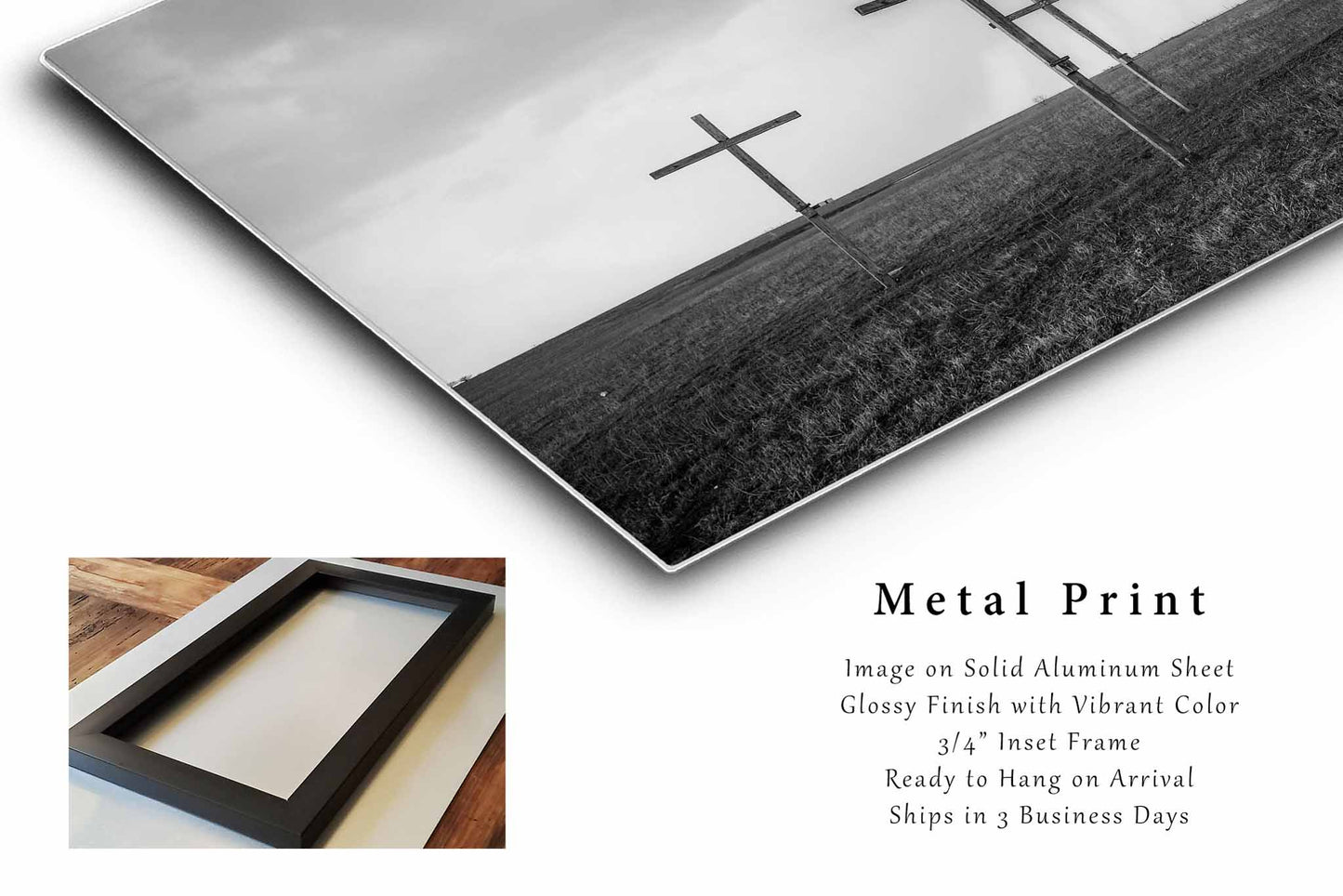 Spiritual Metal Print | Three Wooden Crosses Photo | Black and White Photography | Texas Picture | Christian Decor