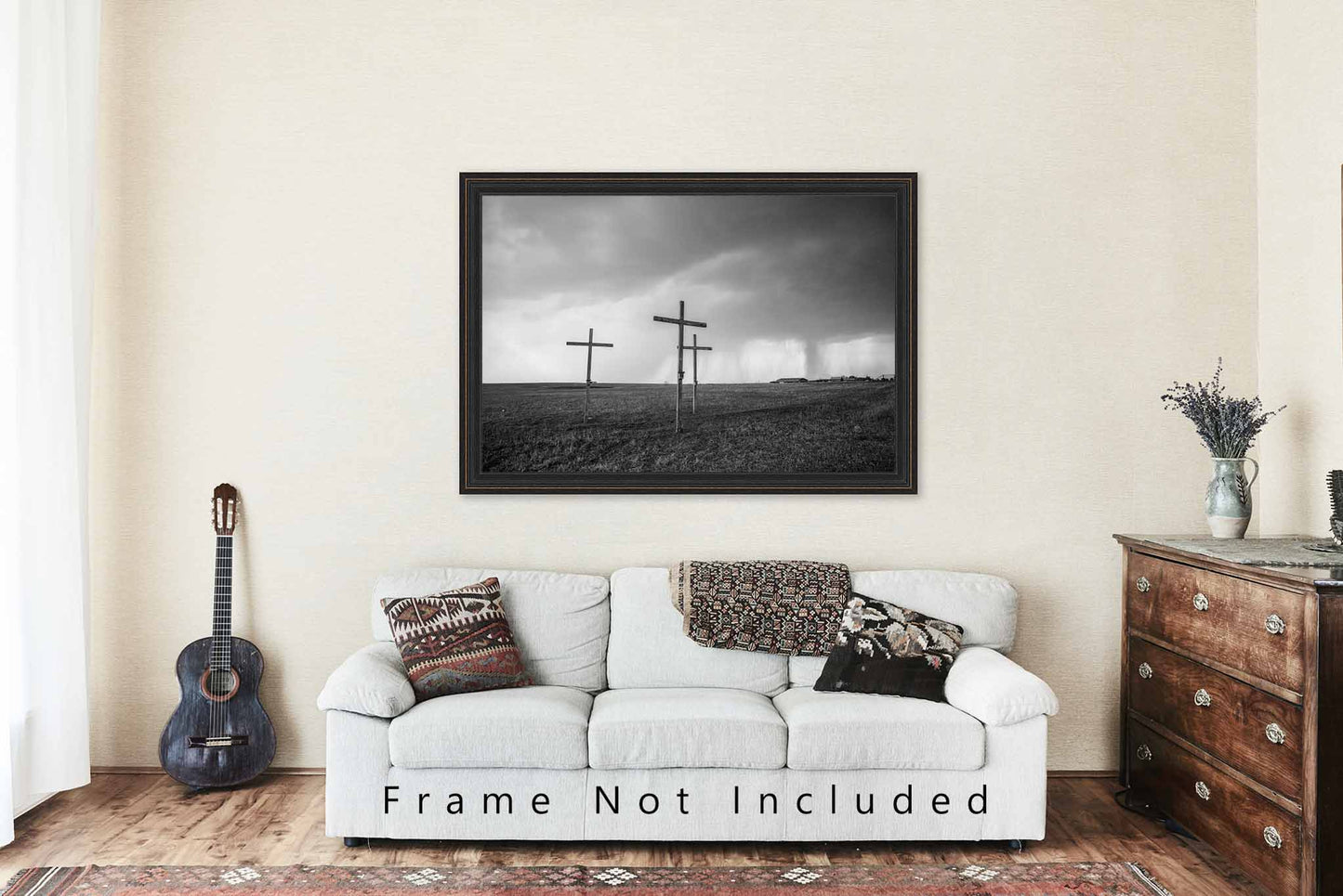 Christian Photography Art Print - Black and White Picture of Three Wooden Crosses and Storm in Texas Spiritual Photo Religious Artwork