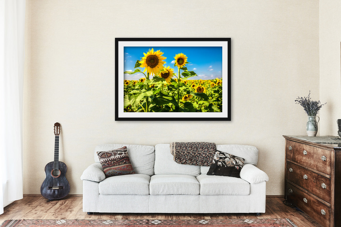 Framed Country Print (Ready to Hang) Picture of Sunflowers Standing Tall in Sunflower Field in Kansas Farm Wall Art Botanical Decor