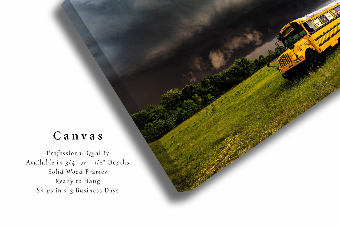 Storm Canvas Wall Art (Ready to Hang) Gallery Wrap of Thunderstorm Over Old School Bus on Stormy Sprng Day in Oklahoma Transportation Photography Classroom Decor