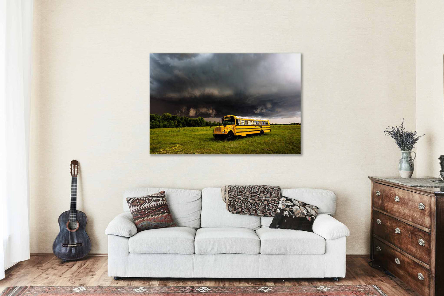 Storm Canvas Wall Art (Ready to Hang) Gallery Wrap of Thunderstorm Over Old School Bus on Stormy Sprng Day in Oklahoma Transportation Photography Classroom Decor