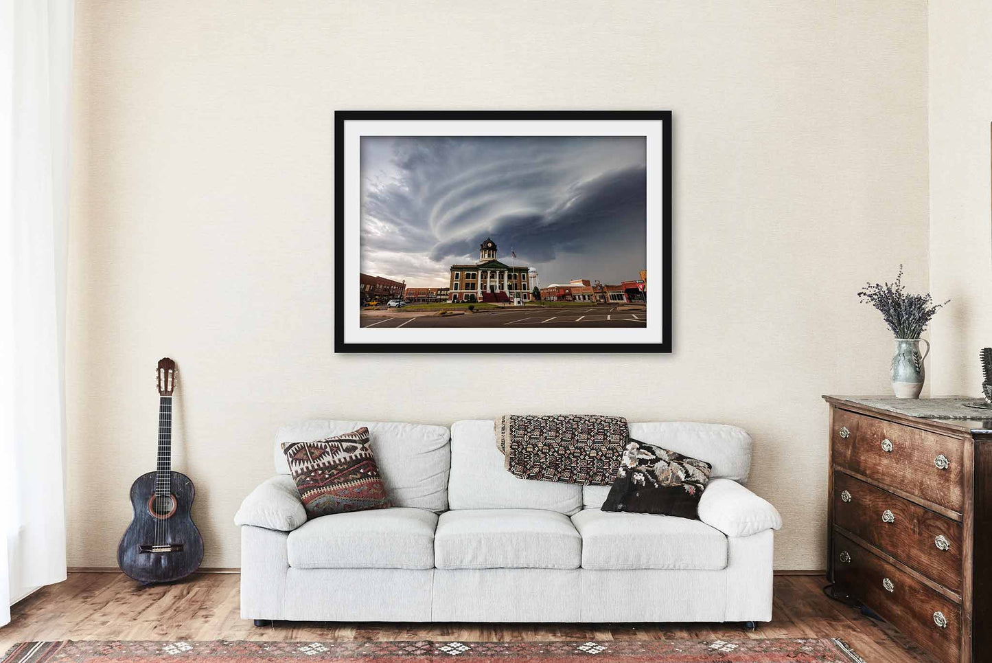 Framed Storm Print (Ready to Hang) Supercell Thunderstorm Over Courthouse in Oklahoma | Town Square Wall Art Weather Decor