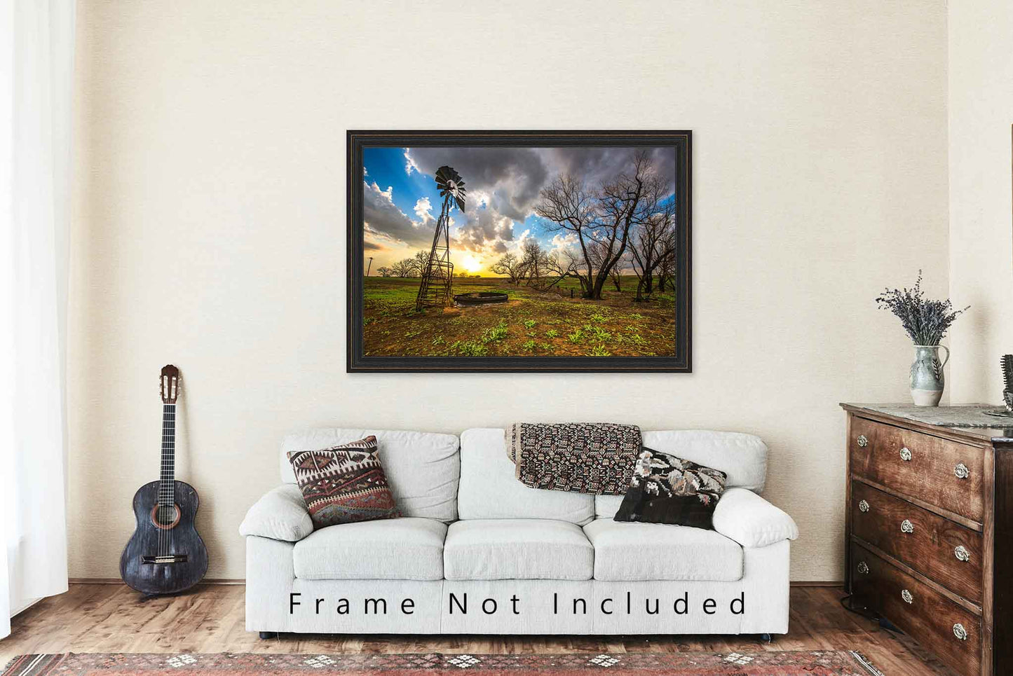 Country Photography Print - Picture of Windmill and Charred Trees at Sunset in Kansas Farm Wall Art Farmhouse Decor