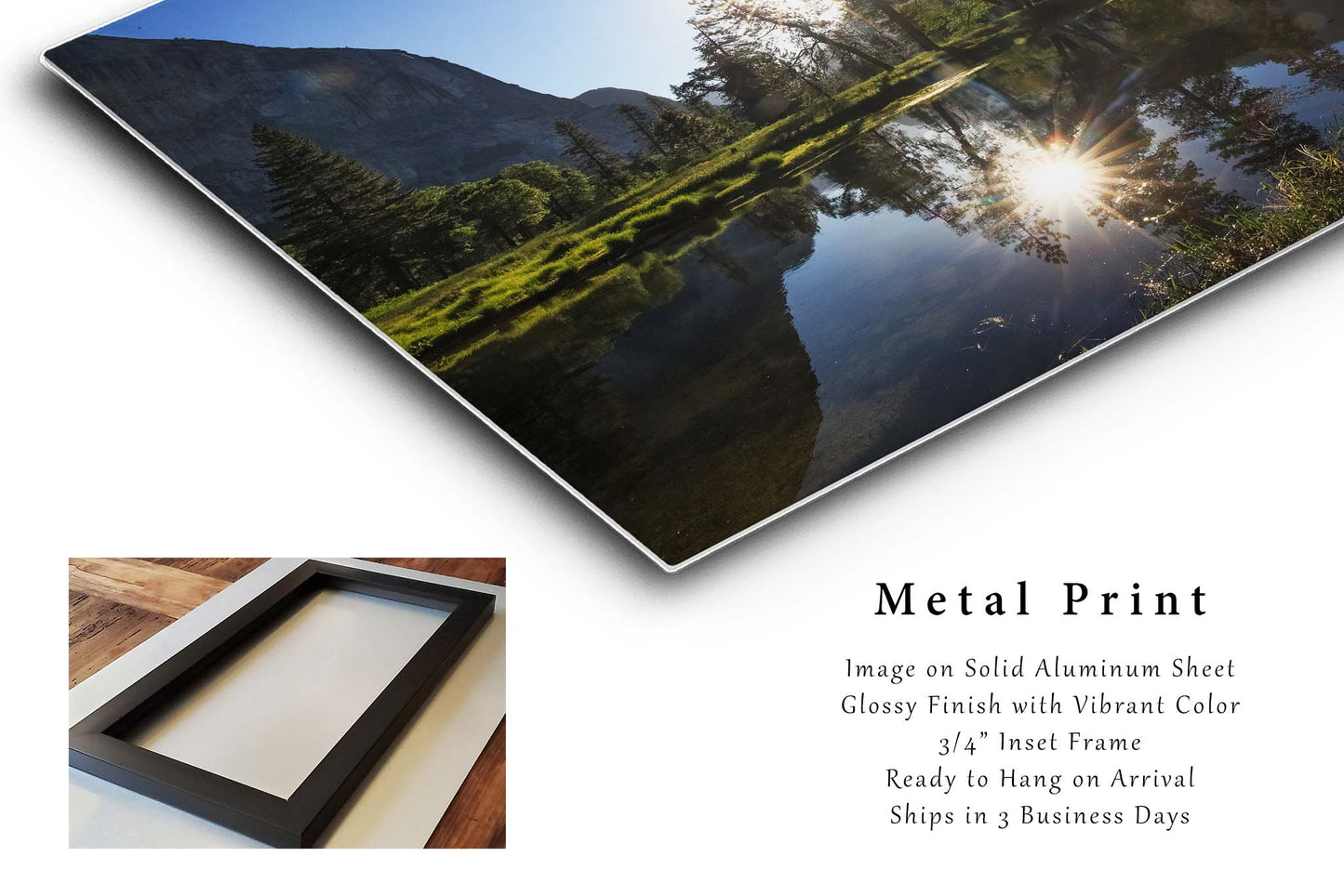 Yosemite Metal Print (Ready to Hang) Photo of Sun Reflection in Merced River in California Sierra Nevada Wall Art Nature Decor