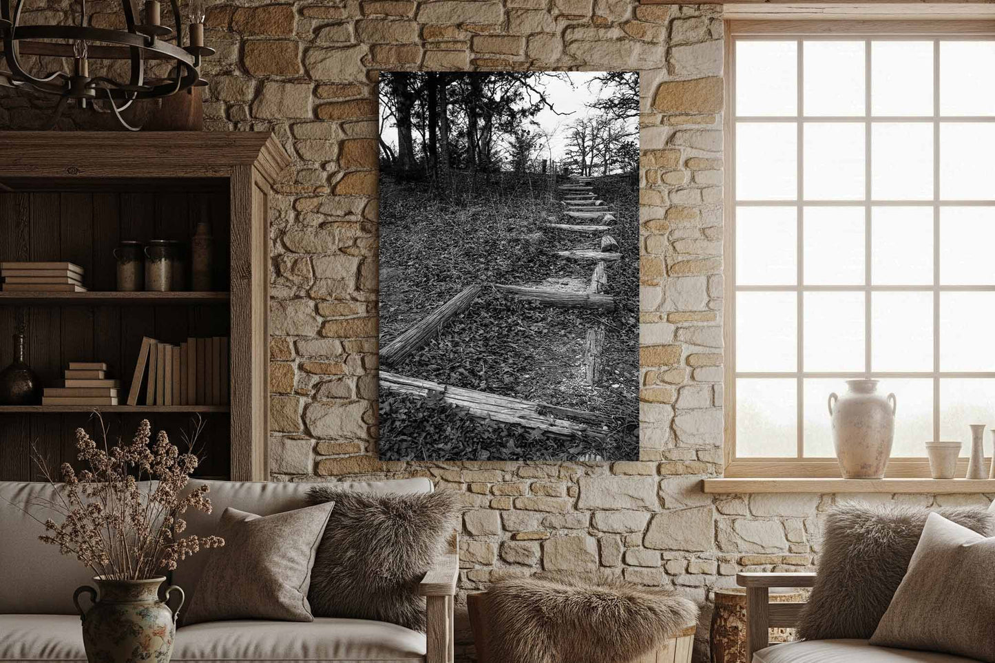 Trail Leading Up Hill in Oklahoma Canvas Wall Art | Black and White Hiking Photography Outdoors Decor