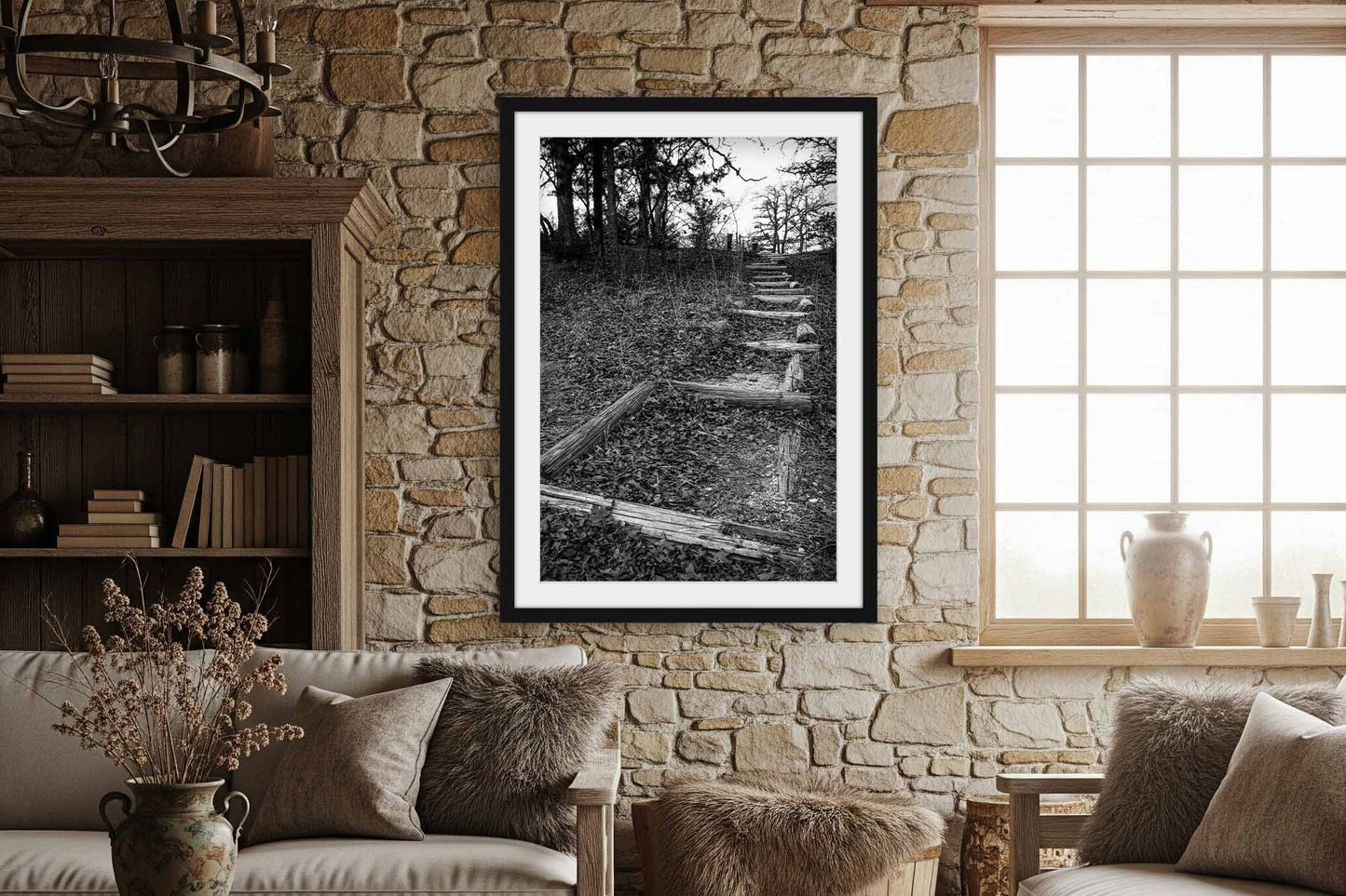 Trail Leading Up Hill in Oklahoma Framed Print | Black and White Hiking Wall Art Outdoors Decor