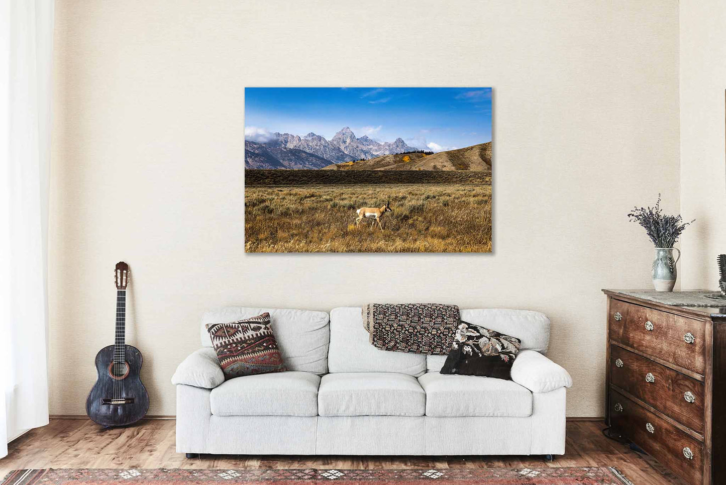 Rocky Mountain Canvas Wall Art (Ready to Hang) Gallery Wrap of Pronghorn Antelope and Grand Teton in Wyoming Wildlife Photography Western Decor