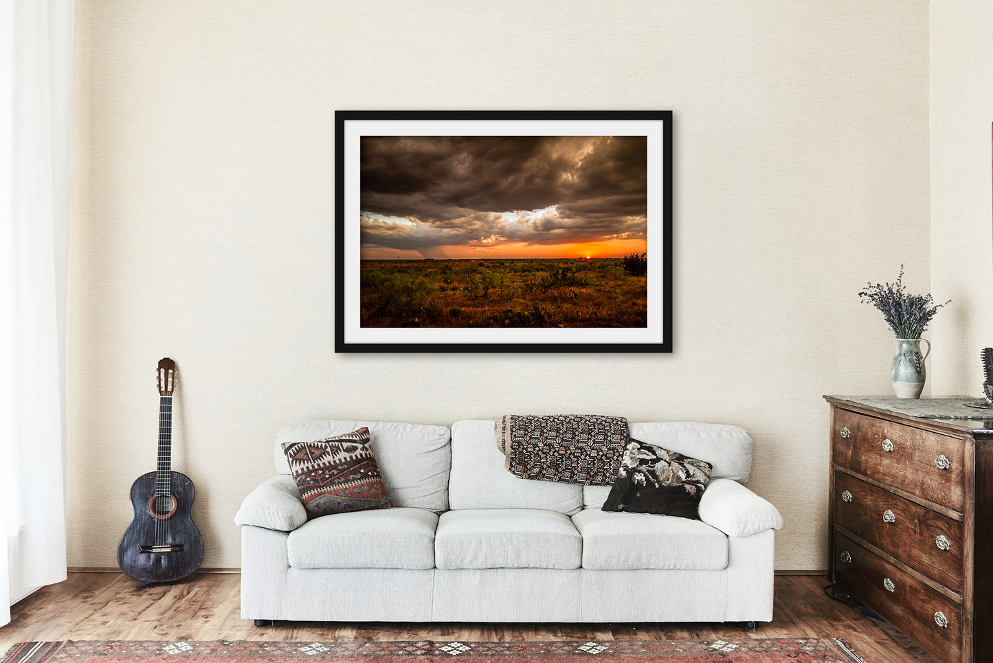 Framed and Matted Print - Picture of Mesquite Bushes and Cactus at Sunset on Stormy Evening in West Texas Landscape Wall Art Western Decor