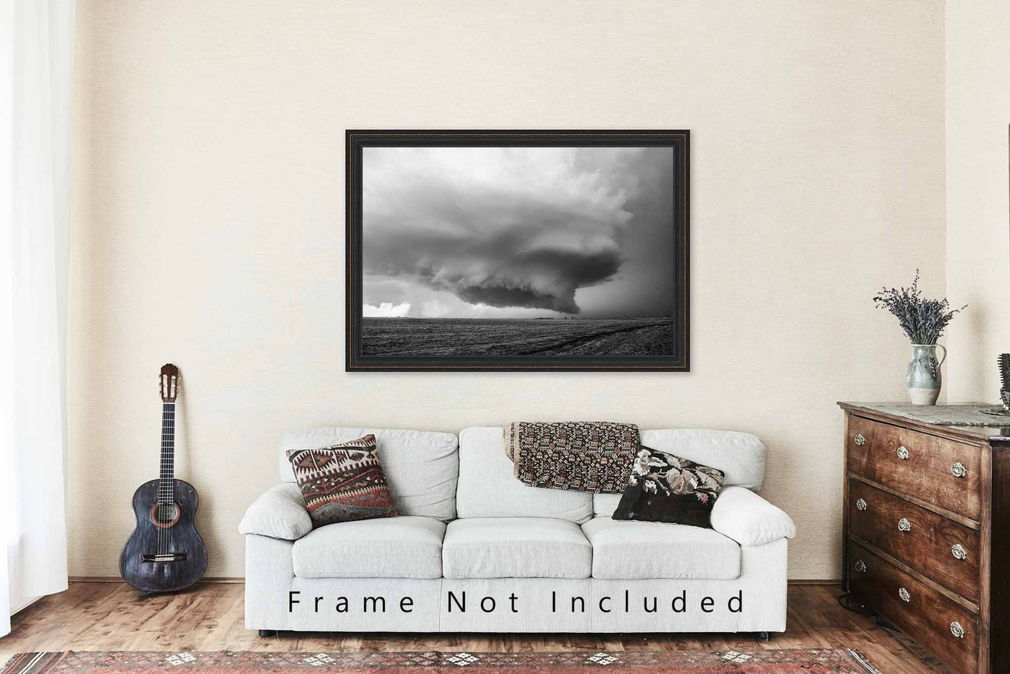 Storm Photography Print - Picture of Incredible Thunderstorm Over Field in Kansas in Black and White Weather Nature Wall Art Photo Decor