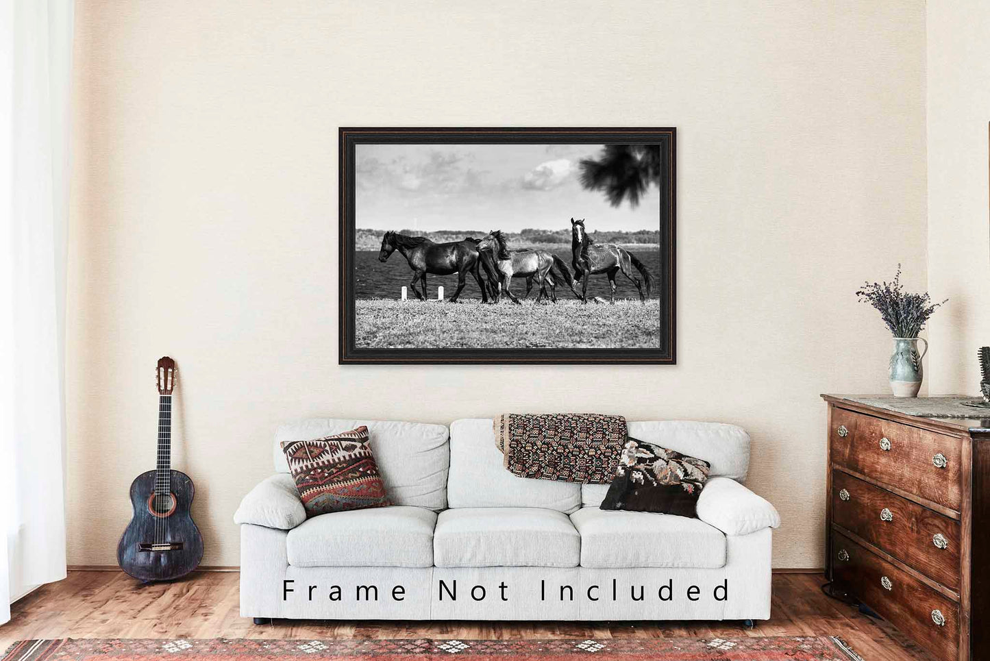 Wild Horses Along Coastal Inlet in North Carolina Photo Print (Unframed) | Black and White Outer Banks Wall Art OBX Decor