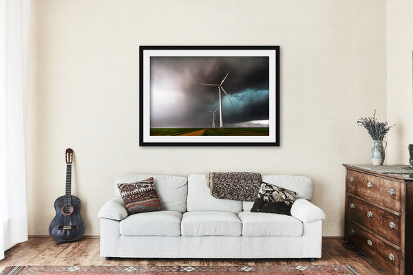Framed and Matted Print - Picture of Wind Turbines Churning Through Intense Storm in Texas Panhandle Wind Farm Wall Art Thunderstorm Decor