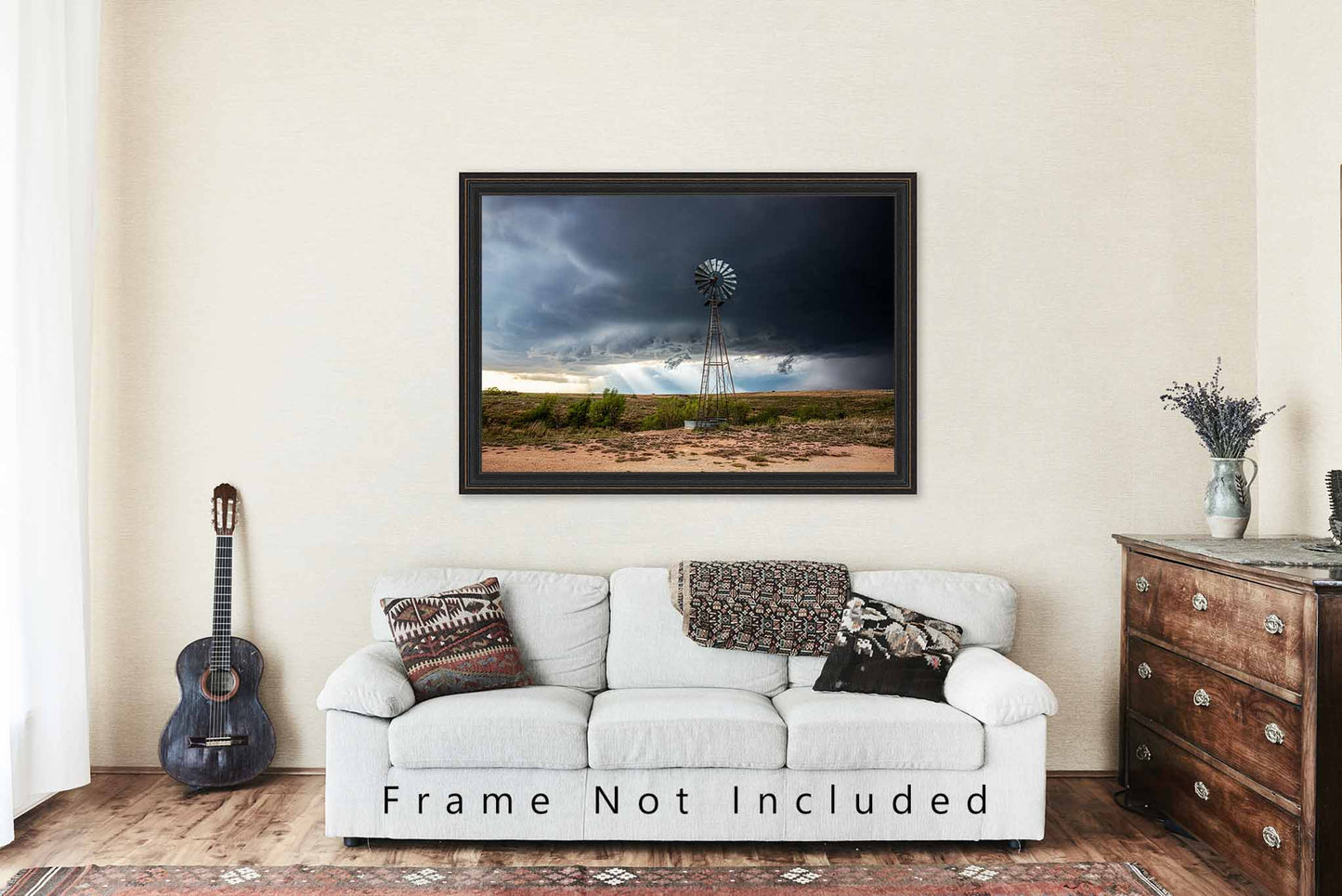 Country Photography Print - Picture of Sunbeams Breaking Through Storm and Windmill in Texas - Farmhouse Home Decor Photo Artwork