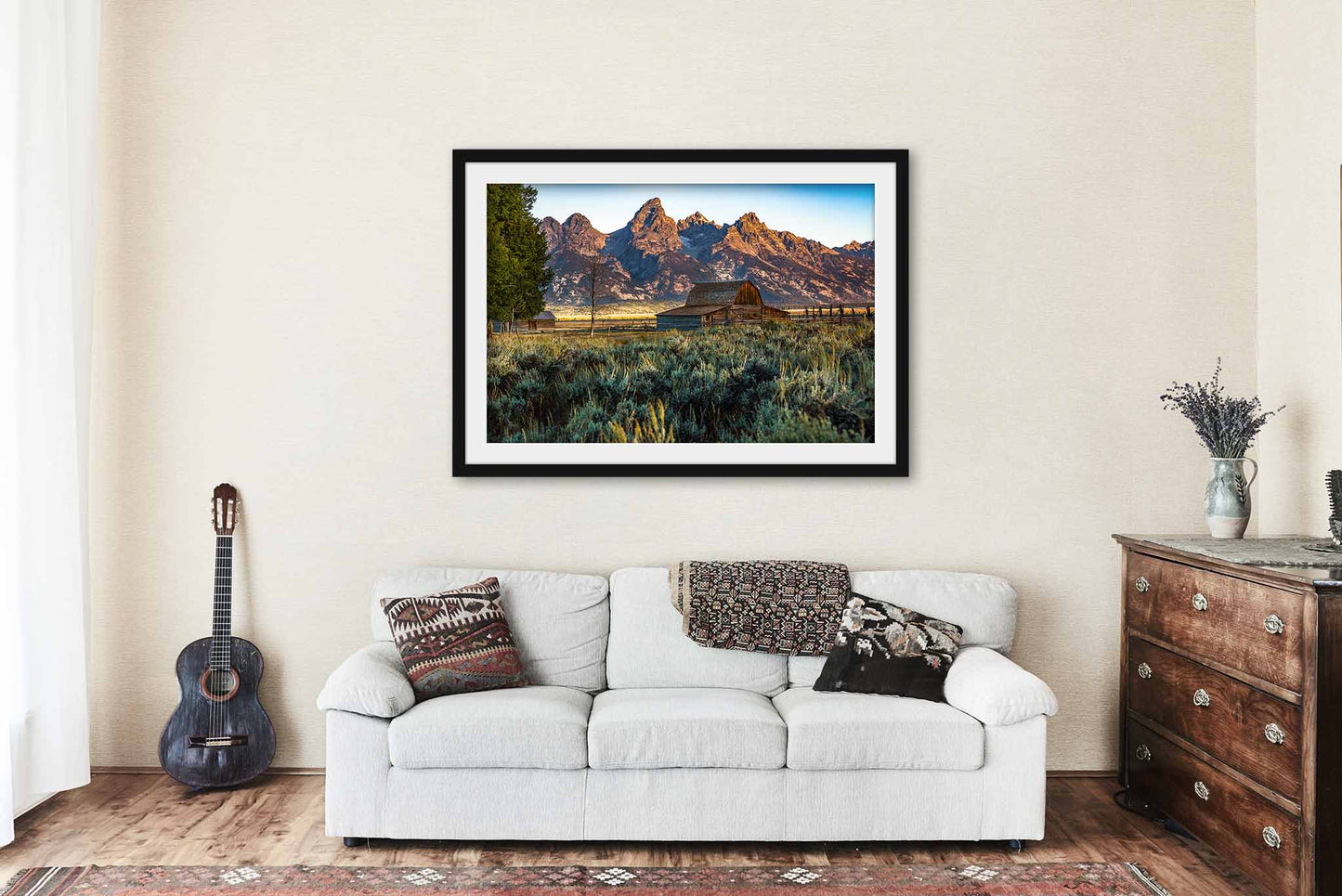 Framed Print (Ready to Hang) Picture of Grand Teton and Moulton Barn in Wyoming Rocky Mountain Wall Art Western Decor