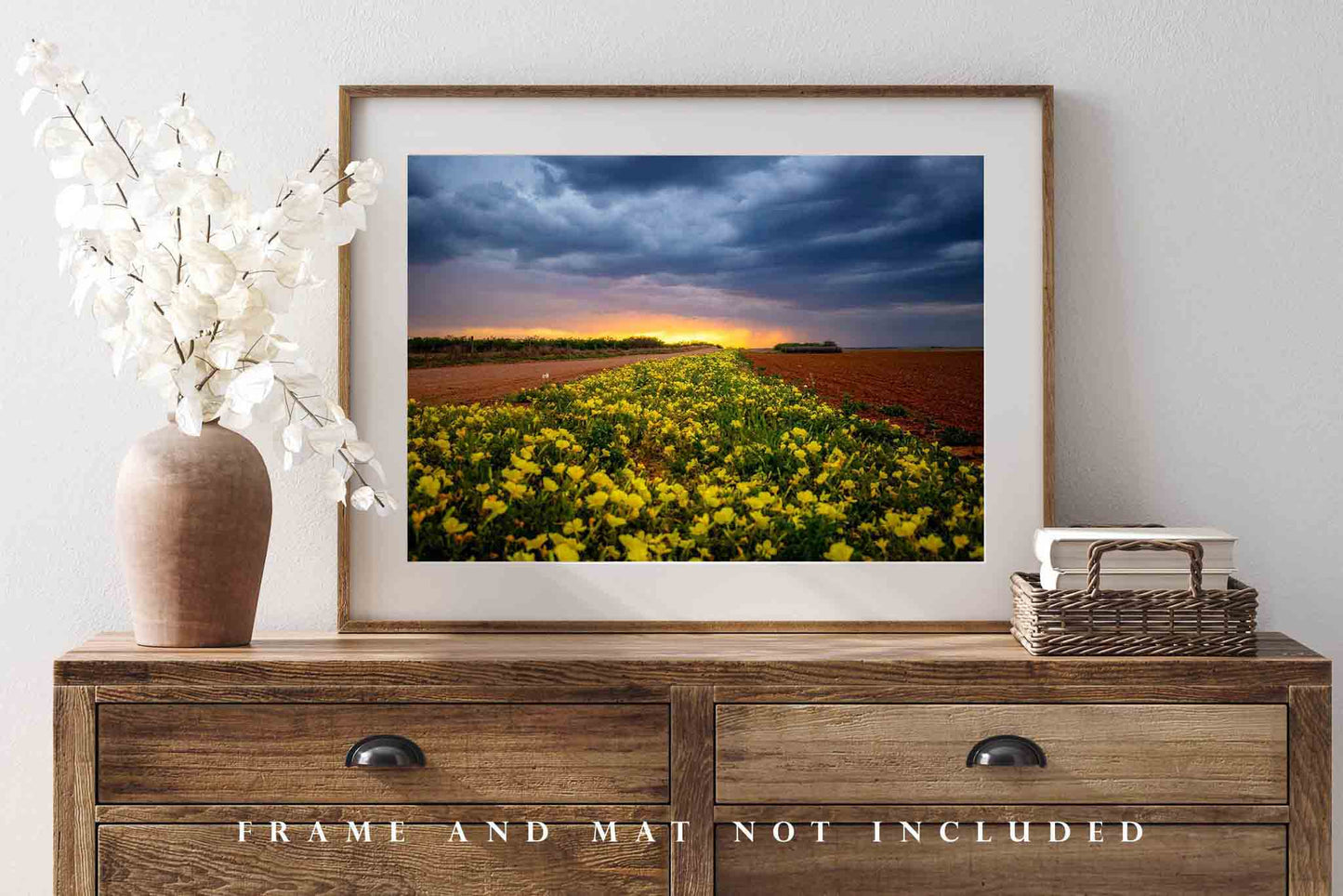 Country Photography Print (Not Framed) Picture of Yellow Wildflowers Leading to Stormy Sunset on Spring Evening in Texas Flower Wall Art Farmhouse Decor