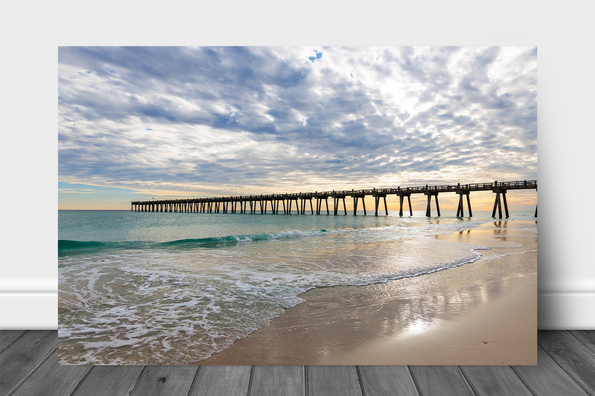 Gulf Coast aluminum metal print wall art of the Pensacola Beach Pier over emerald waters on an evening in Florida by Sean Ramsey of Southern Plains Photography.