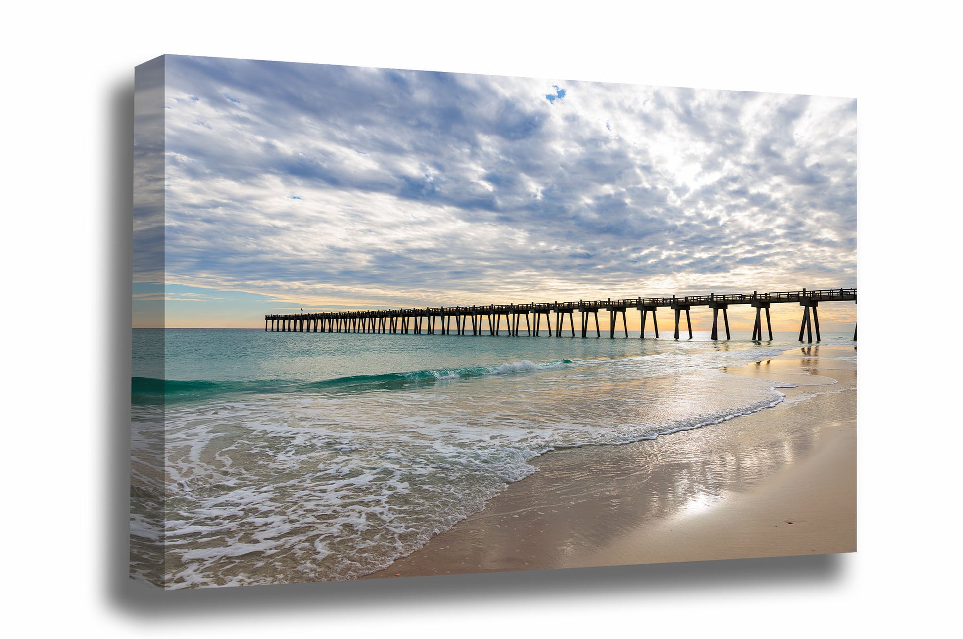 Gulf Coast gallery wrapped canvas wall art of the Pensacola Beach Pier over emerald waters on an evening in Florida by Sean Ramsey of Southern Plains Photography.