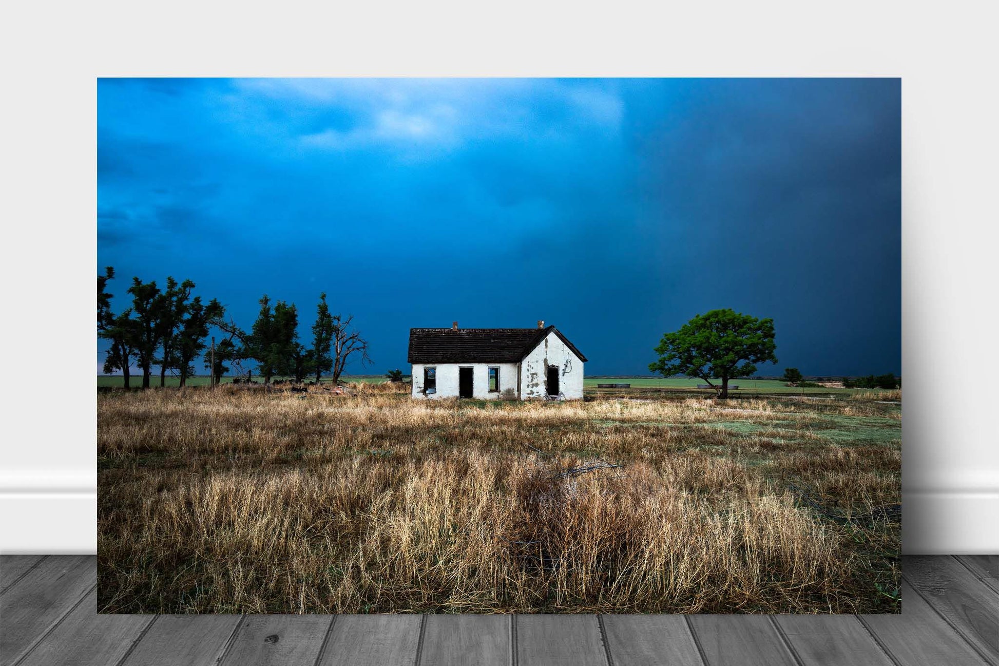 Abandoned aluminum metal print wall art of an old house standing out in the brush on a stormy evening in Oklahoma by Sean Ramsey of Southern Plains Photography.