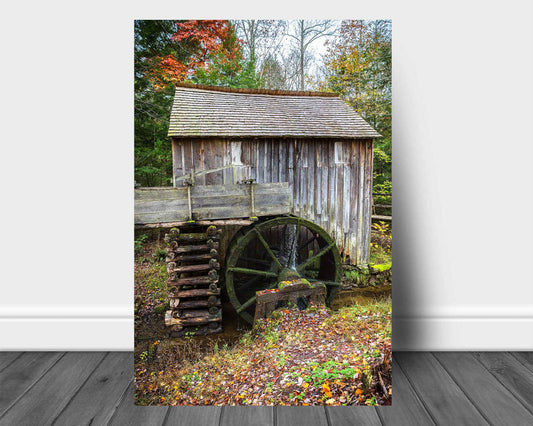 Vertical rustic country metal print wall art of the John Cable Mill on an autumn day at Cades Cove in the Great Smoky Mountains of Tennessee by Sean Ramsey of Southern Plains Photography.