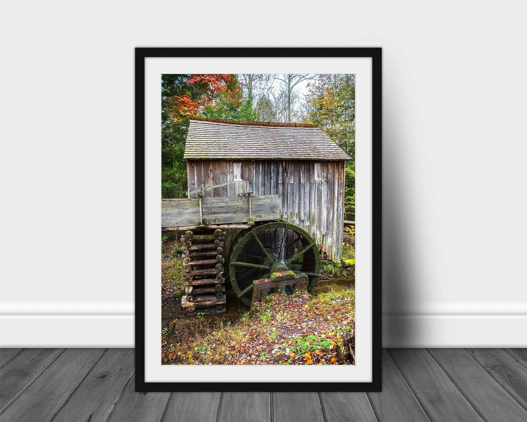 Framed and matted vertical rustic country print of the John Cable Mill on an autumn day at Cades Cove in the Great Smoky Mountains of Tennessee by Sean Ramsey of Southern Plains Photography.