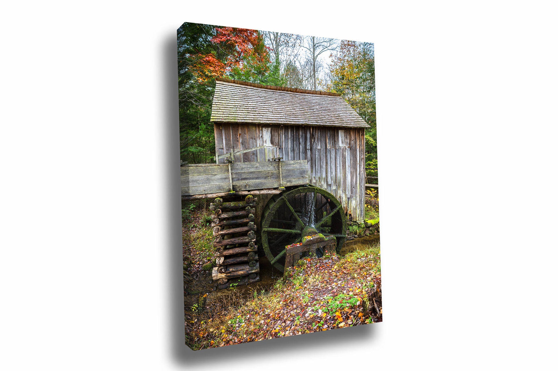 Rustic country vertical canvas wall art of the John Cable grist mill on an autumn day at Cades Cove in Great Smoky Mountains National Park by Sean Ramsey of Southern Plains Photography.