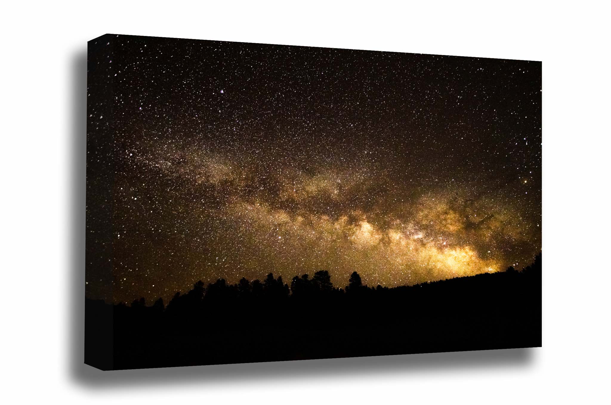 Night sky canvas wall art of the Milky Way rising above a treeline silhouette on a starry night in the Rocky Mountains of Colorado by Sean Ramsey of Southern Plains Photography.