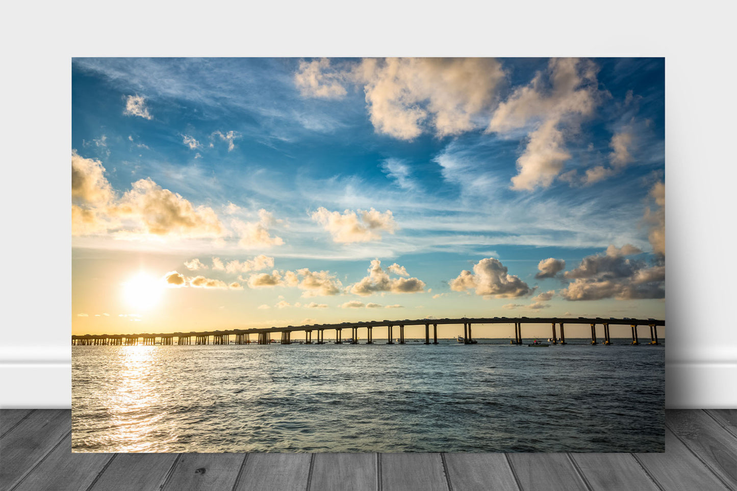 Gulf coast metal print wall art on aluminum of travelers crossing Destin Bridge at sunset in Destin, Florida by Sean Ramsey of Southern Plains Photography.