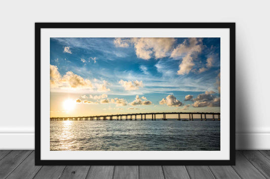 Framed and matted Gulf Coast print of travelers crossing Destin Bridge at sunset in Destin, Florida by Sean Ramsey of Southern Plains Photography.