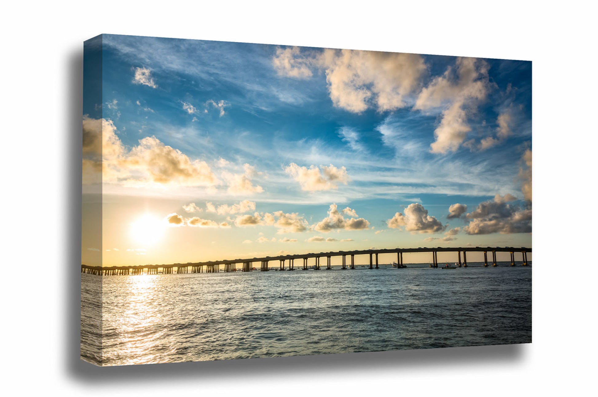 Gulf coast canvas wall art of travelers crossing Destin Bridge at sunset in Destin, Florida by Sean Ramsey of Southern Plains Photography.