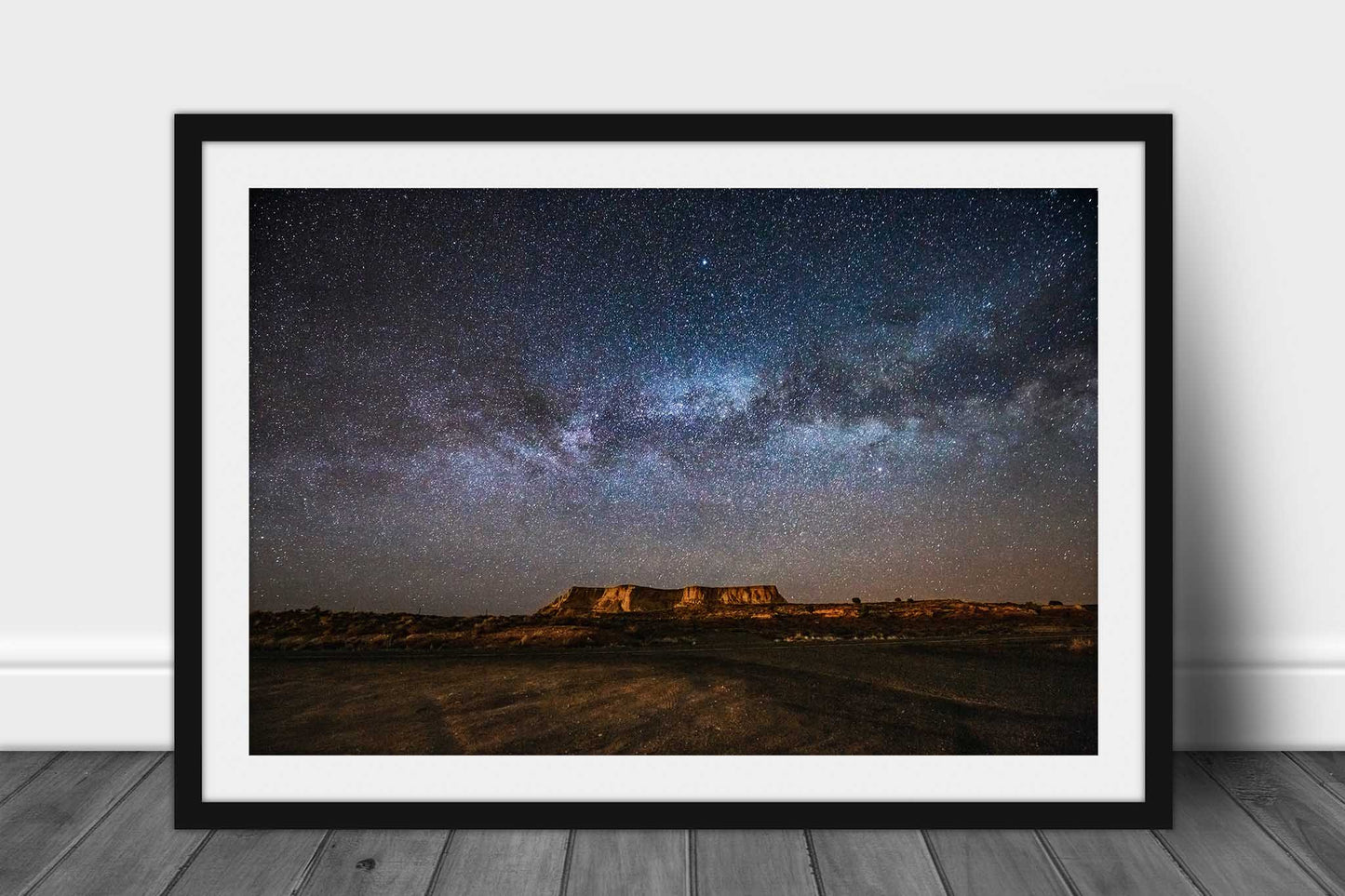 Celestial framed print with optional mat of the Milky Way spanning the horizon over a mesa in a starry night sky in the Arizona desert by Sean Ramsey of Southern Plains Photography.