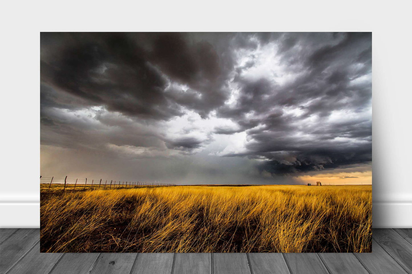 Great Plains metal print on aluminum of a thunderstorm over golden prairie grass on a stormy day in the Oklahoma Panhandle by Sean Ramsey of Southern Plains Photography.