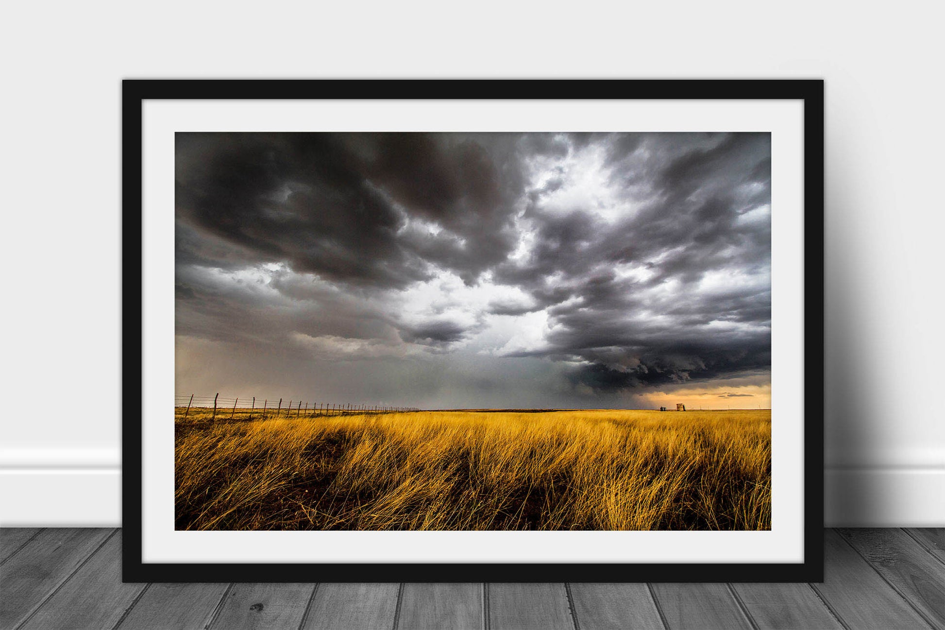 Framed and matted Great Plains print of a thunderstorm over golden prairie grass on a stormy day in the Oklahoma Panhandle by Sean Ramsey of Southern Plains Photography.